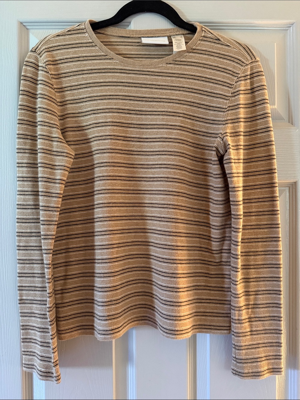 90s early 2000s Vintage Liz Claiborne Beige and Brown Striped Crewneck Sweater